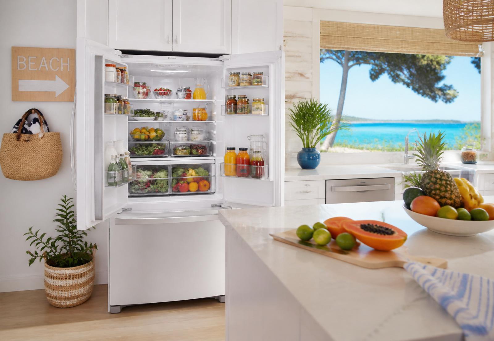 Bright vacation kitchen with a fully stocked refrigerator